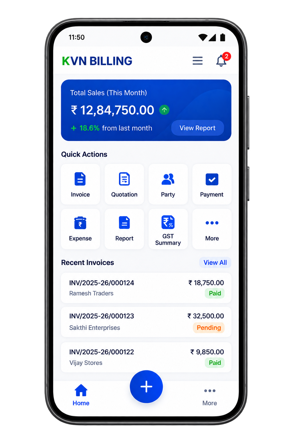 KVN Billing app dashboard showing total sales, quick actions and recent invoices